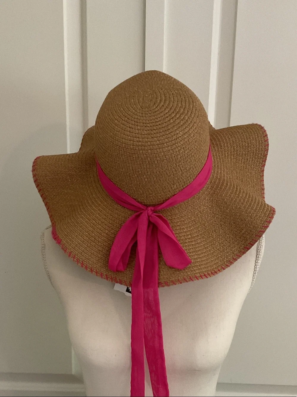 Nine West Straw Floppy Hat with Hot Pink Band